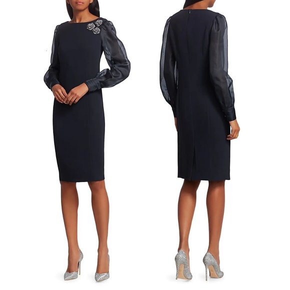 Teri Jon Floral Broach Silk Organza Sheath Dress